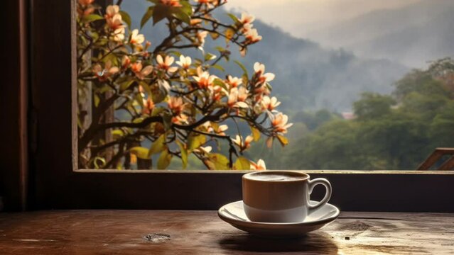 A warm cup of Coffee by the window with a beautiful view of nature and spring flowers. Smooth looping video background animation. Generated with AI