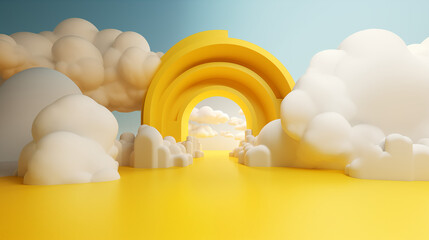 abstract minimal yellow background with white clouds flying around the tunnel landscape