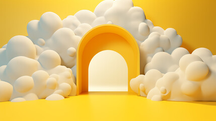 abstract minimal yellow background with white clouds flying around the tunnel landscape