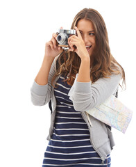 Woman, explorer and map for adventure, camera and excited for trip and isolated on transparent png...