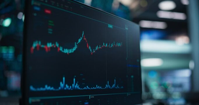 Close Up Footage of a Computer Monitor Screen with Generic Stocks Market Data, Commodities and Securities Exchange Market Charts and Tickers on a Display in a Financial Business Office