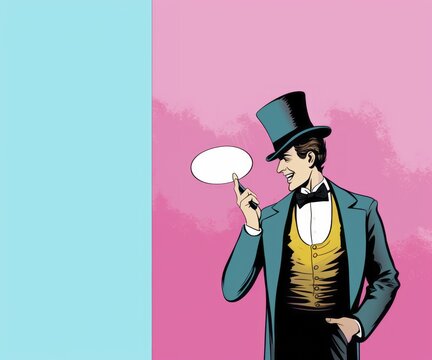 Pop art illustration of a man in a top hat holding a speech bubble.