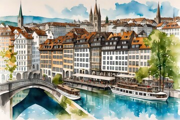 Immerse yourself in the charm of Zurich, the cityscape blending modernity and tradition, the Limmat River winding through historic architecture