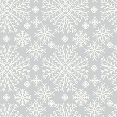 Seamless abstract pattern with snowflakes. Grey, white. Christmas, New Year. Ornament. Designs for textile fabrics, wrapping paper, background, wallpaper, cover.