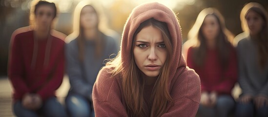 Teenage girl in hoodie participating in diverse group therapy session. - obrazy, fototapety, plakaty