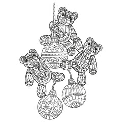 Three Teddy bear and Christmas lights hand drawn for adult coloring book