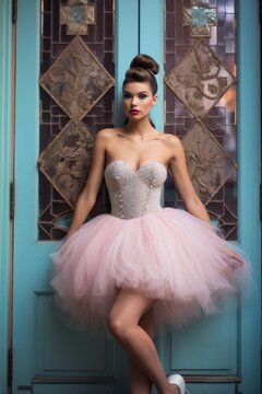 Beautiful young ballerina in a white corset and pink tutu.