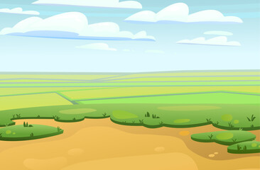 Elevated location. Overview of plain with fields. Scenery Landscape. Fun cartoon style. Vector