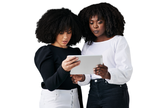 Tablet, research collaboration and business women reading web feedback, project data or company info. Partner cooperation, social media and African agency team isolated on transparent, png background