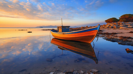 A beautiful sunrise in the bay with a lonely old wooden boat. A view of a fishing boat sits on a calm bay with majestic clouds in the sky. Sunrise light.