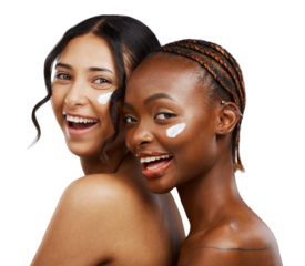 Women, diversity and friends with cream for skincare, cosmetics or isolated on transparent png background. Happy portrait, faces and dermatology of sunscreen, moisturizer or lotion for natural beauty