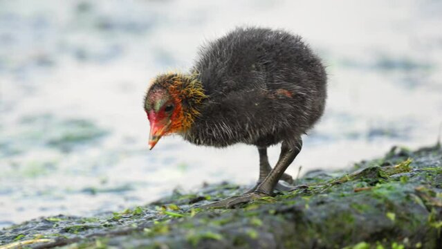 Cute funny baby coot bird with very big feet walks next to the water feeding
