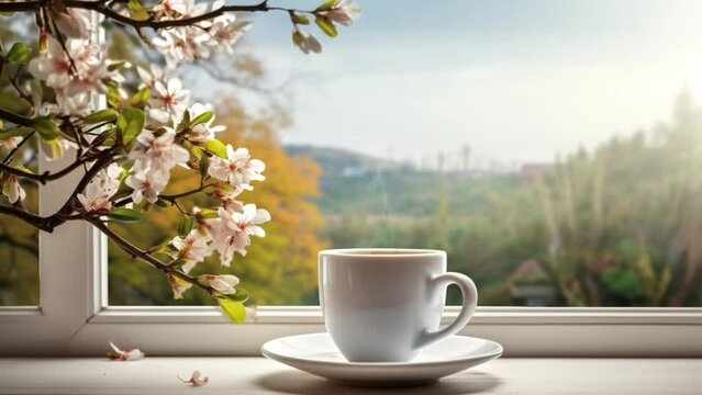 A warm cup of Coffee by the window with a beautiful view of nature and spring flowers. Smooth looping video background animation. Generated with AI