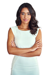 Portrait, professional and corporate woman arms crossed isolated on transparent background for work. Company, mission or career with a confident young employee on PNG as a business person with style