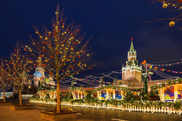 Red Square at night, decorated on New Year's holidays. Moscow, Russia