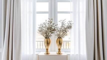 Luxury white room has big window and white curtains and decorations trees in the gold vase