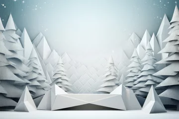 Foto auf Acrylglas Winter Christmas landscape with fir trees. 3d origami, paper style.  © Alexandr
