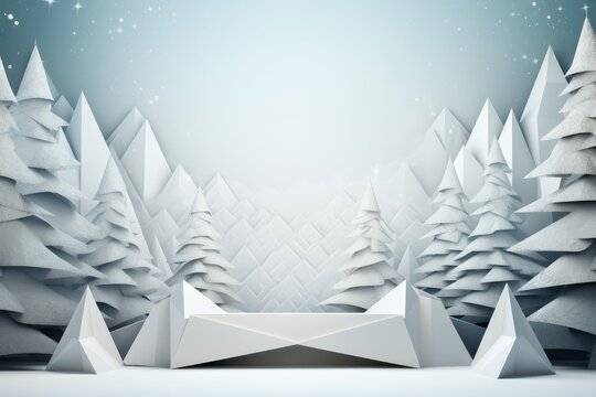 Winter Christmas landscape with fir trees. 3d origami, paper style. 
