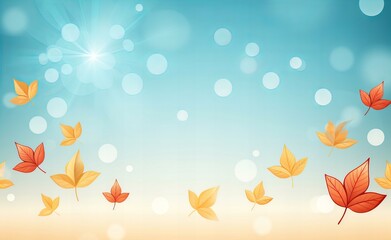 Fototapeta na wymiar Golden Autumn Leaves Falling Gently Against a Soft Blue Sky with Radiant Sunbeams
