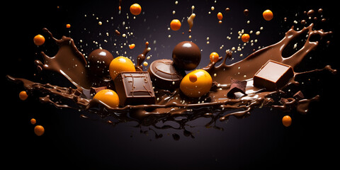 a group of chocolate balls floating in the air with a lot of other chocolate balls in the air behind them and a splash of chocolate on the ground. generative ai