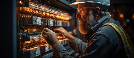 The man is repairing the switchboard voltage - obrazy, fototapety, plakaty
