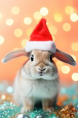 An adorable brown rabbit dons a tiny santa claus hat against a glittering orange backdrop filled with holiday cheer