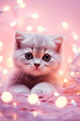 A small kitten casts a curious gaze while immersed in soft pink fairy lights, creating a magical atmosphere