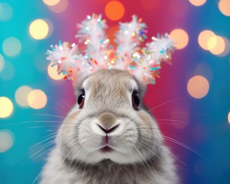 A cute bunny seems to celebrate with a festive lights antler headband, against a vibrant red and blue bokeh background