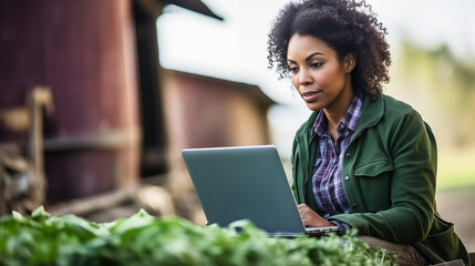 Portrait of confident african american woman working with laptop while sitting in vegetable garden