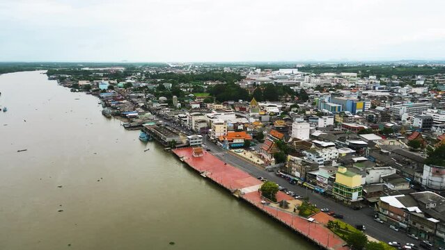 City Centre Of Surat Thani On The Banks Of Tapi River, Southern Thailand. aerial