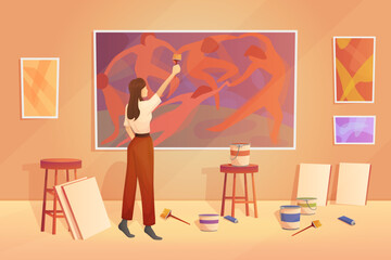 Artist painting picture with paints on wall of art studio vector illustration. Cartoon woman drawing creative abstract picture with brush, interior of craftsmans workplace with exhibition of paintings - obrazy, fototapety, plakaty