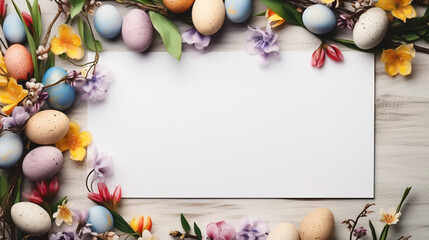 Top view of Easter pastel eggs and a blank white sheet of paper. Easter holiday card