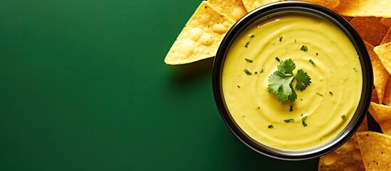 Yellow queso dip with tortilla chips and lime, homemade. - obrazy, fototapety, plakaty