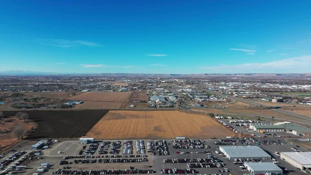 Drone aerial view of a large car lot in Billings Montana