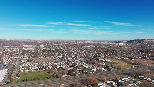 Panning to the right drone shot of Billings, Montana on a sunny day