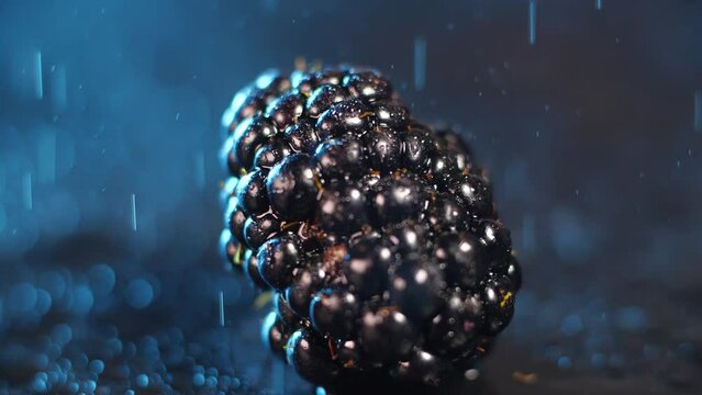 Extreme close up of one fresh ripe blackberry rotating  on black plate on blue background with drops of water falling slow notion 200 fps