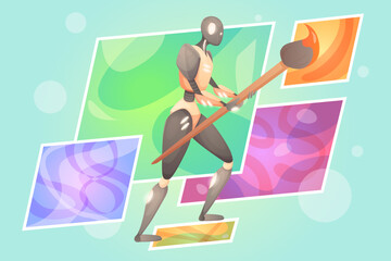 Artwork creation and digital design with AI vector illustration. Cartoon robot artist painting creative pictures with brush, drawing in virtual space, innovation of artificial intelligence art gallery