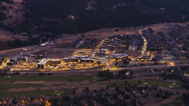 Drone aerial view of a busy resort area in Big Sky, Montana