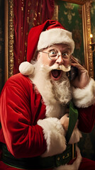 santa claus with christmas tree and phone