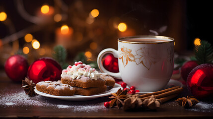 Obraz na płótnie Canvas Hot mug and gingerbread, Christmas atmosphere
