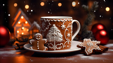 Hot mug and gingerbread, Christmas atmosphere
