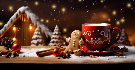 Hot mug and gingerbread, Christmas atmosphere
