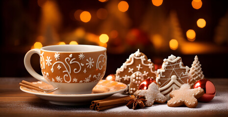 Hot mug and gingerbread, Christmas atmosphere
