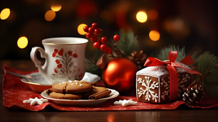 Hot mug and gingerbread, Christmas atmosphere