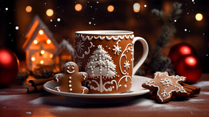 Hot mug and gingerbread, Christmas atmosphere