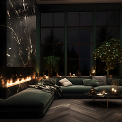 Interior living room minimalism green, Beautiful Christmas aesthetic, dark color palette