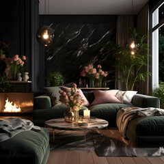 Interior living room minimalism green, Beautiful Christmas aesthetic, dark color palette