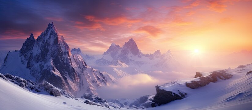 Stunning wintry view of mountains, rocks, fog, and sunset, symbolizing harsh winter nature.