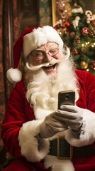 santa claus with christmas tree and phone