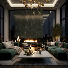 Interior living room minimalism green, Beautiful Christmas aesthetic, dark color palette